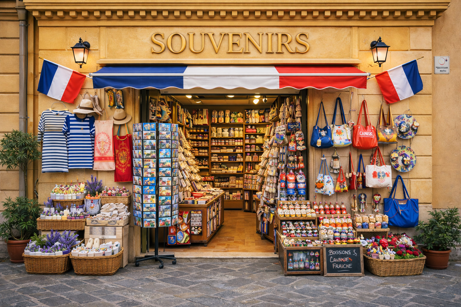 Souvenirgeschäft in der Altstadt von Cannes mit gelb-brauner modern-neoklassischer Fassade und typisch französischen Souvenirartikeln in der Auslage