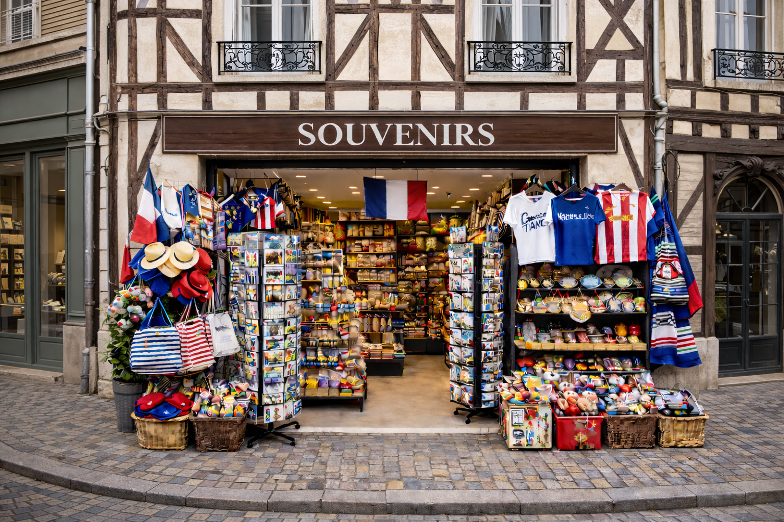 Außenansicht eines Souvenirgeschäfts in der Altstadt von Châlons-en-Champagne in Fachwerkhaus-Architektur mit sichtbaren dunklen Holzbalken und hellem Putz, breitem offenen Eingang und Auslagen mit typischen Frankreich-Souvenirs wie Postkartenständern, Baskenmützen, gestreiften Taschen, Keramik, Magneten, Textilien und kleinen Flaggen