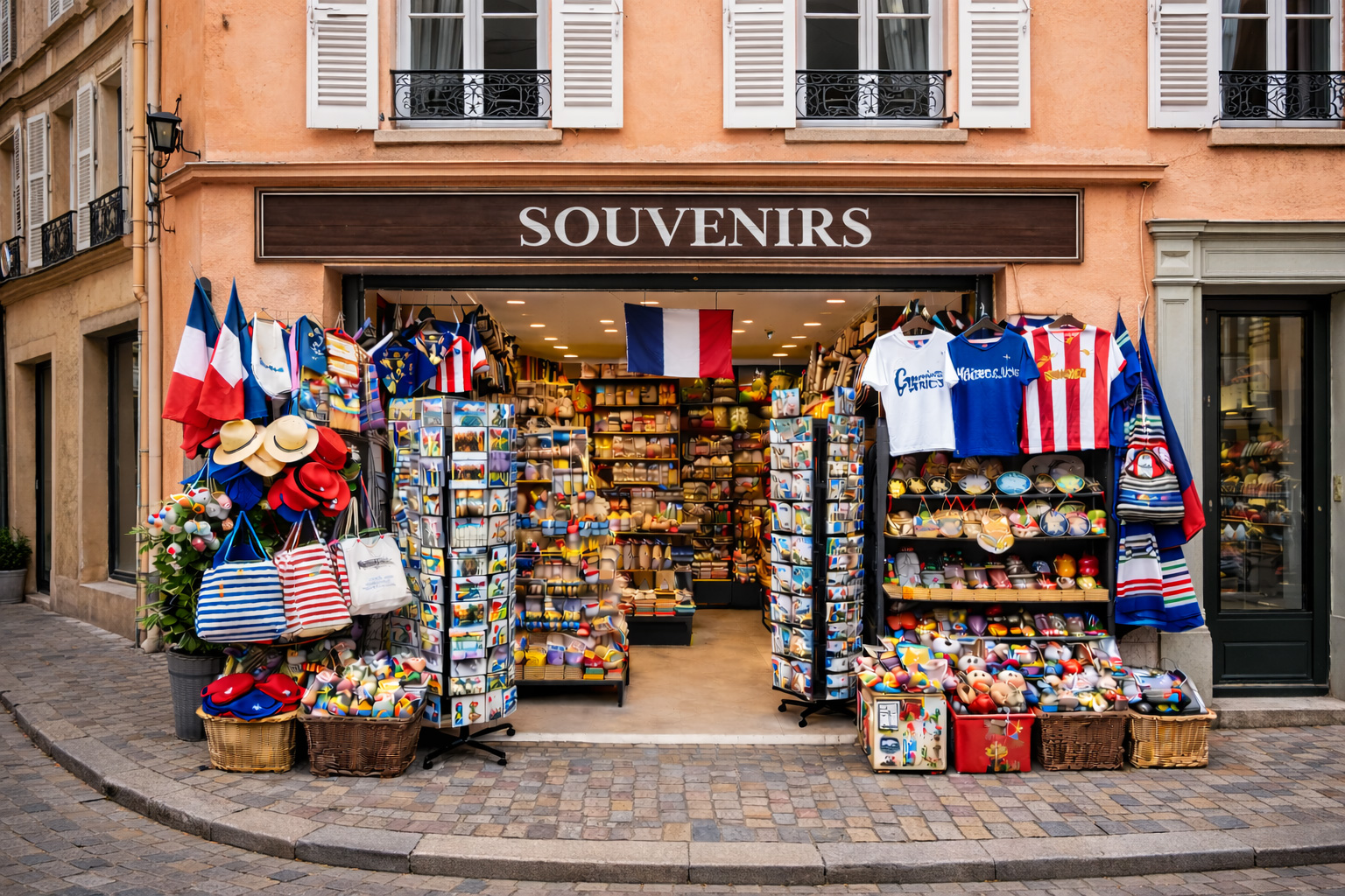 Außenansicht eines Souvenirgeschäfts in der Altstadt von Château-Thierry mit aprikotfarbener Putzfassade, weißen Fensterläden und schmiedeeisernen Balkonbrüstungen, breitem offenen Eingang und Auslagen mit typischen Frankreich-Souvenirs wie Postkartenständern, Baskenmützen, gestreiften Taschen, Keramik, Magneten, Textilien und kleinen Flaggen