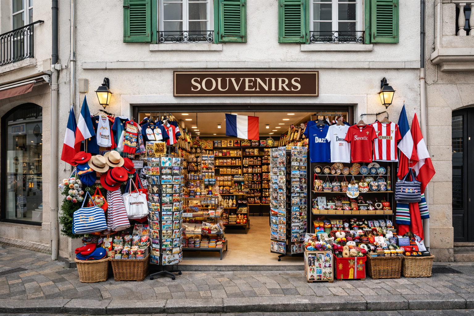 Außenansicht eines Souvenirgeschäfts in der Altstadt von Dax mit weißer Putzfassade und grünen Fensterläden im Obergeschoss, breitem offenen Eingang und Auslagen mit typischen Frankreich-Souvenirs wie Postkartenständern, Baskenmützen, gestreiften Taschen, kleinen Flaggen, Keramik und lokalen Mitbringseln