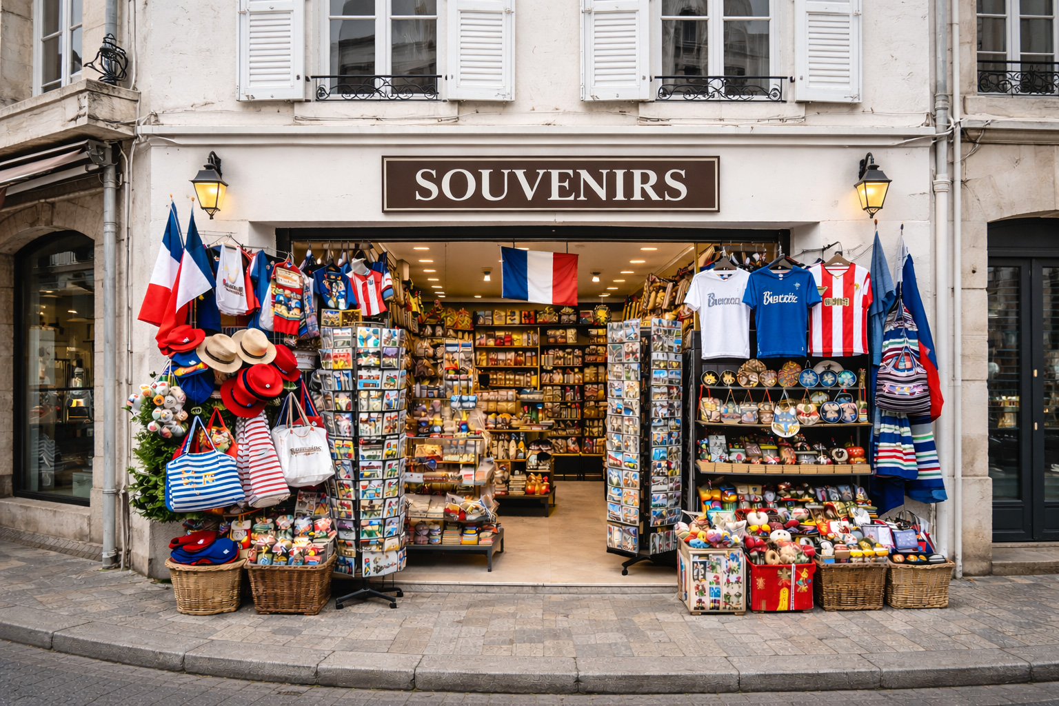 Außenansicht eines Souvenirgeschäfts in der Altstadt von La Rochelle mit weißer Putzfassade und weißen Fensterläden im Obergeschoss, breitem Eingang und Auslagen mit typischen Frankreich-Souvenirs wie Postkartenständern, Baskenmützen, gestreiften Taschen, kleinen Flaggen, Keramik, Magneten und Mitbringseln