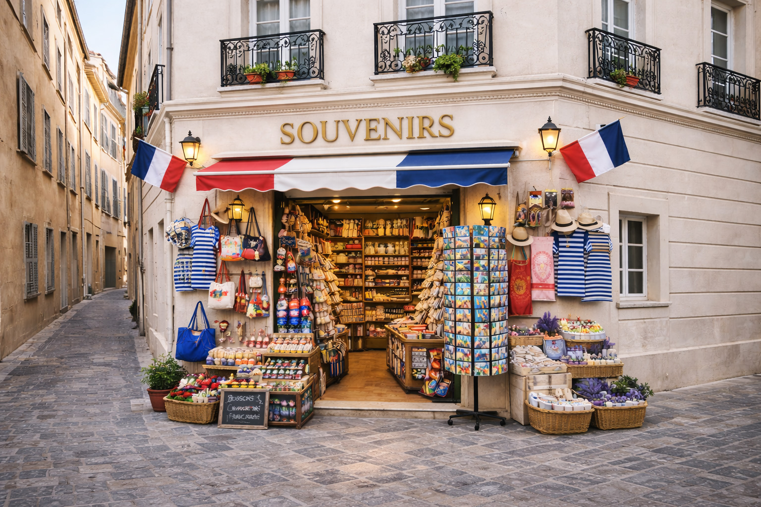 Souvenirgeschäft in der Altstadt von Marseille mit weißer französisch-neoklassischer Fassade, schmiedeeisernen Balkonen und schmaler Gasse an einem Eckhaus mit typisch französischen Souvenirartikeln in der Auslage