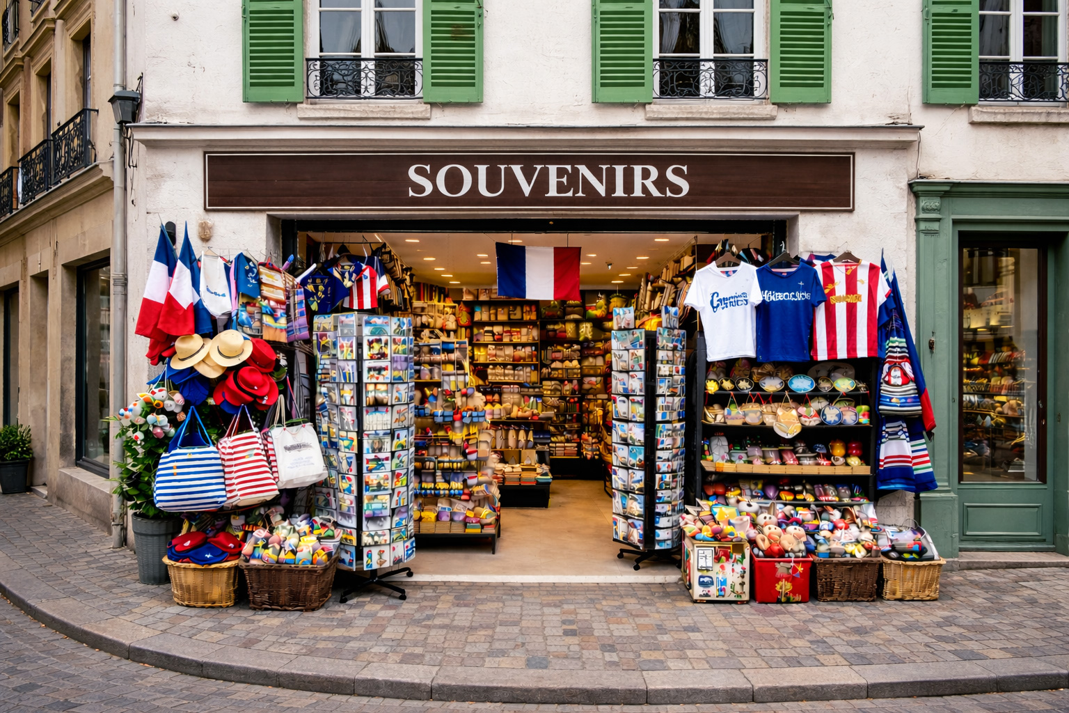 Außenansicht eines Souvenirgeschäfts in der Altstadt von Meaux mit weißer Putzfassade und grünen Fensterläden im Obergeschoss, breitem offenen Eingang und Auslagen mit typischen Frankreich-Souvenirs wie Postkartenständern, Baskenmützen, gestreiften Taschen, Keramik, Magneten, Textilien und kleinen Flaggen