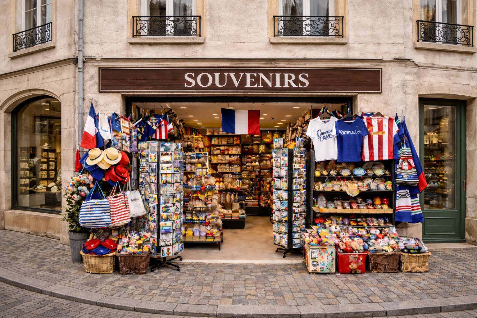 Außenansicht eines Souvenirgeschäfts in der Altstadt von Metz mit hellgrauer, leicht verwitterter Putzfassade und schmiedeeisernen Balkonen im Obergeschoss, breitem offenen Eingang und Auslagen mit typischen Frankreich-Souvenirs wie Postkartenständern, Baskenmützen, gestreiften Taschen, Keramik, Magneten, Textilien und kleinen Flaggen