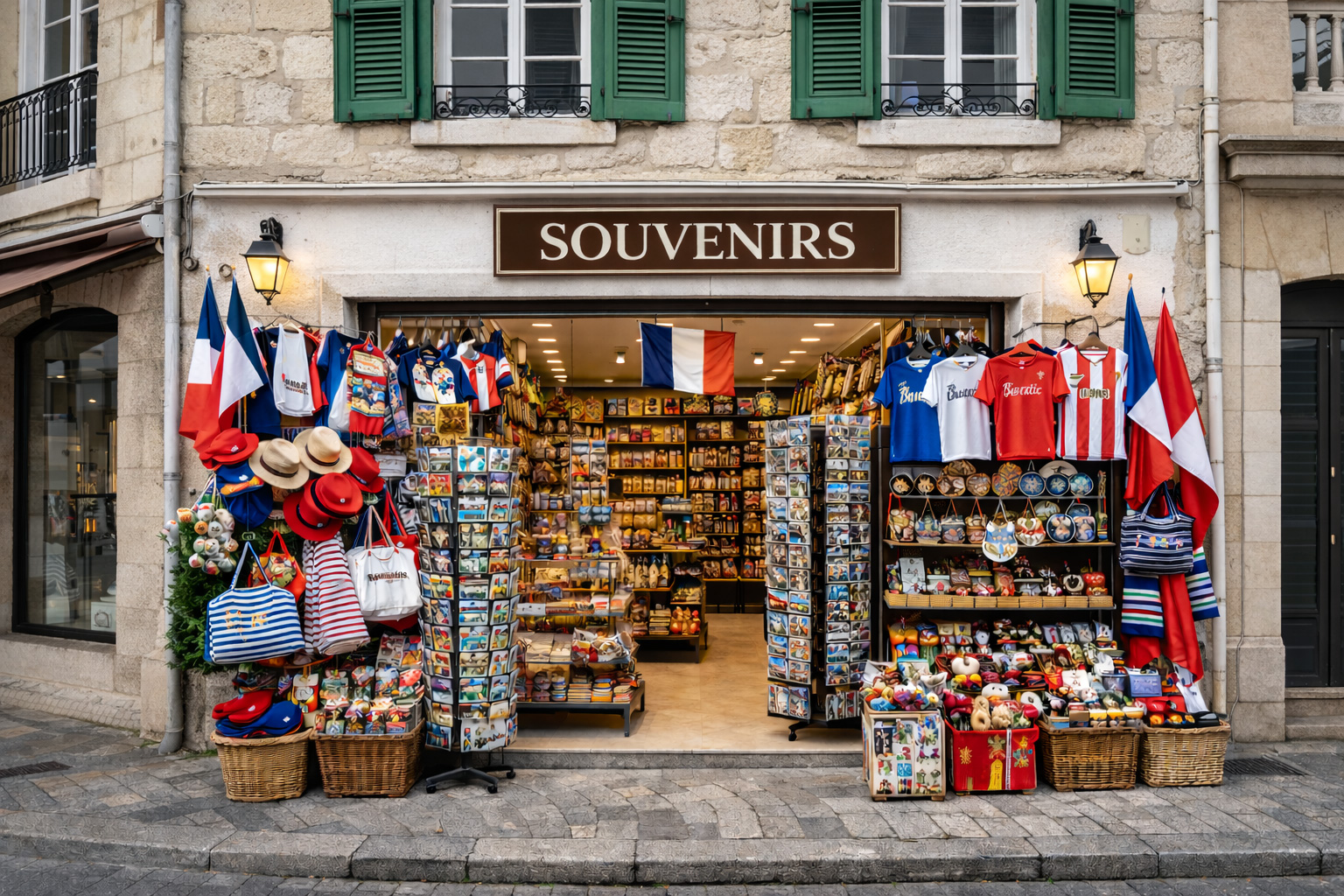 Außenansicht eines Souvenirgeschäfts in der Altstadt von Mont-de-Marsan mit grobem Kalksteinmauerwerk, grünen Fensterläden im Obergeschoss und offenem Eingang, davor dichte Auslagen mit typischen Frankreich-Souvenirs wie Postkarten, Baskenmützen, gestreiften Taschen, kleinen Flaggen, Keramik und regionalen Mitbringseln