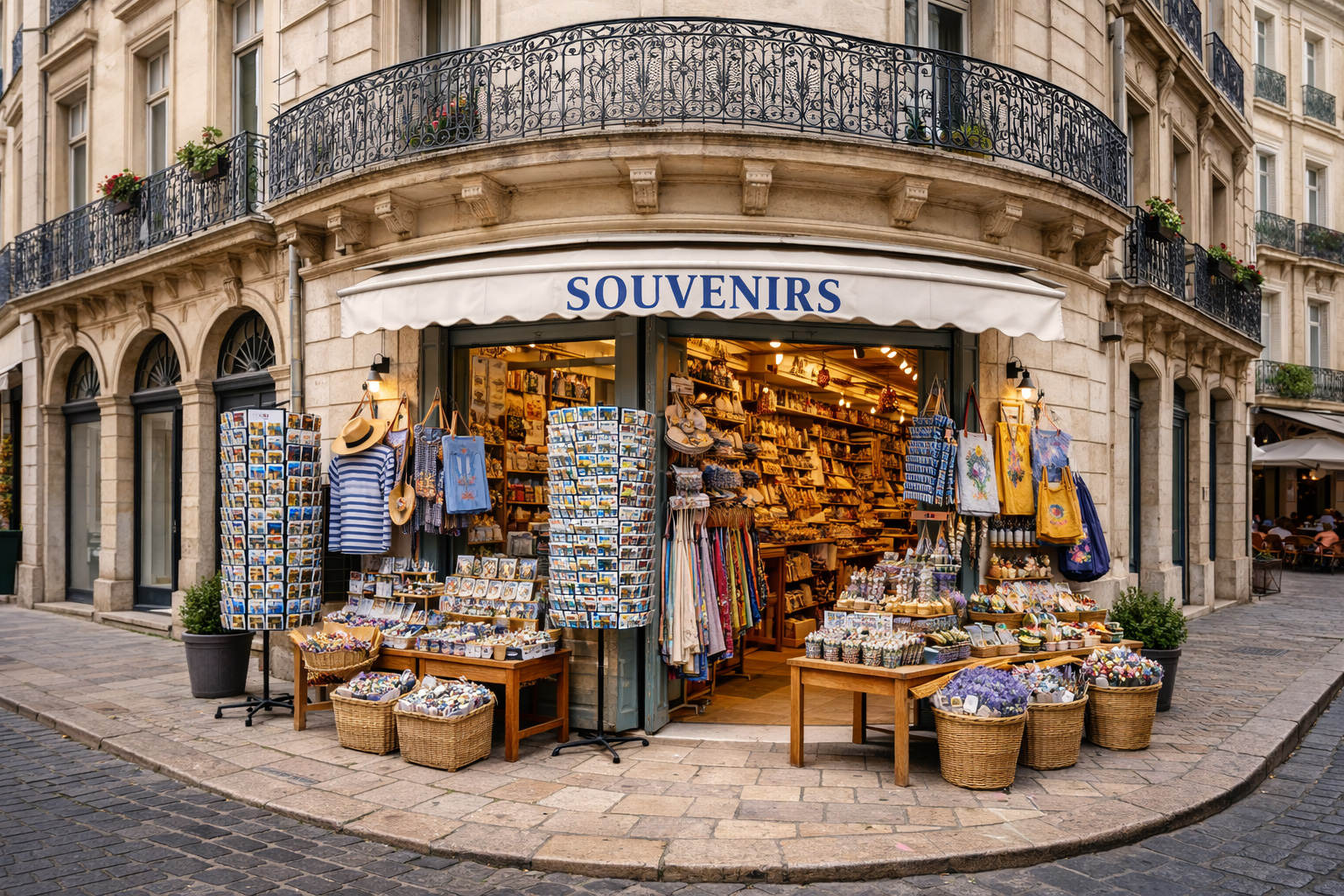 Außenansicht eines Souvenirgeschäfts in der Altstadt von Montpellier in einem neoklassischen Eckhaus aus hellem Stein mit runden Fassadenecken und schmiedeeisernen Balkonen, darunter eine breite Markise und ein offener Eingang mit Postkartenständern, Lavendelprodukten, Seifen, Keramik, Taschen und kleinen französischen Andenken.