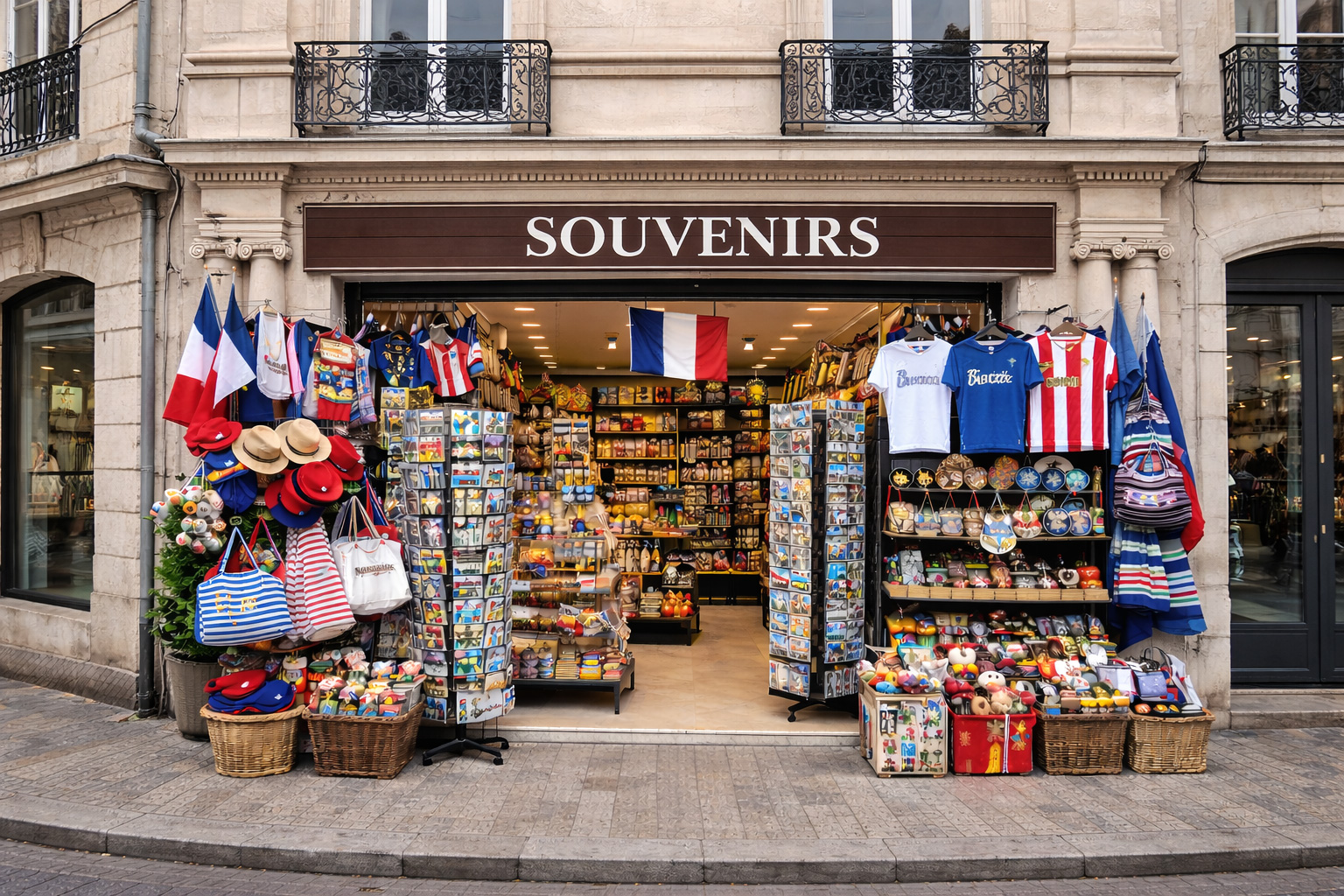 Außenansicht eines Souvenirgeschäfts in Nantes in neoklassischer französischer Architektur mit heller Natursteinfassade, Pilastern, Gesimsen und schmiedeeisernen Balkonen, breitem Eingang und Auslagen mit typischen Frankreich-Souvenirs wie Postkartenständern, Baskenmützen, gestreiften Taschen, Keramik, Magneten, Miniaturen und kleinen Flaggen