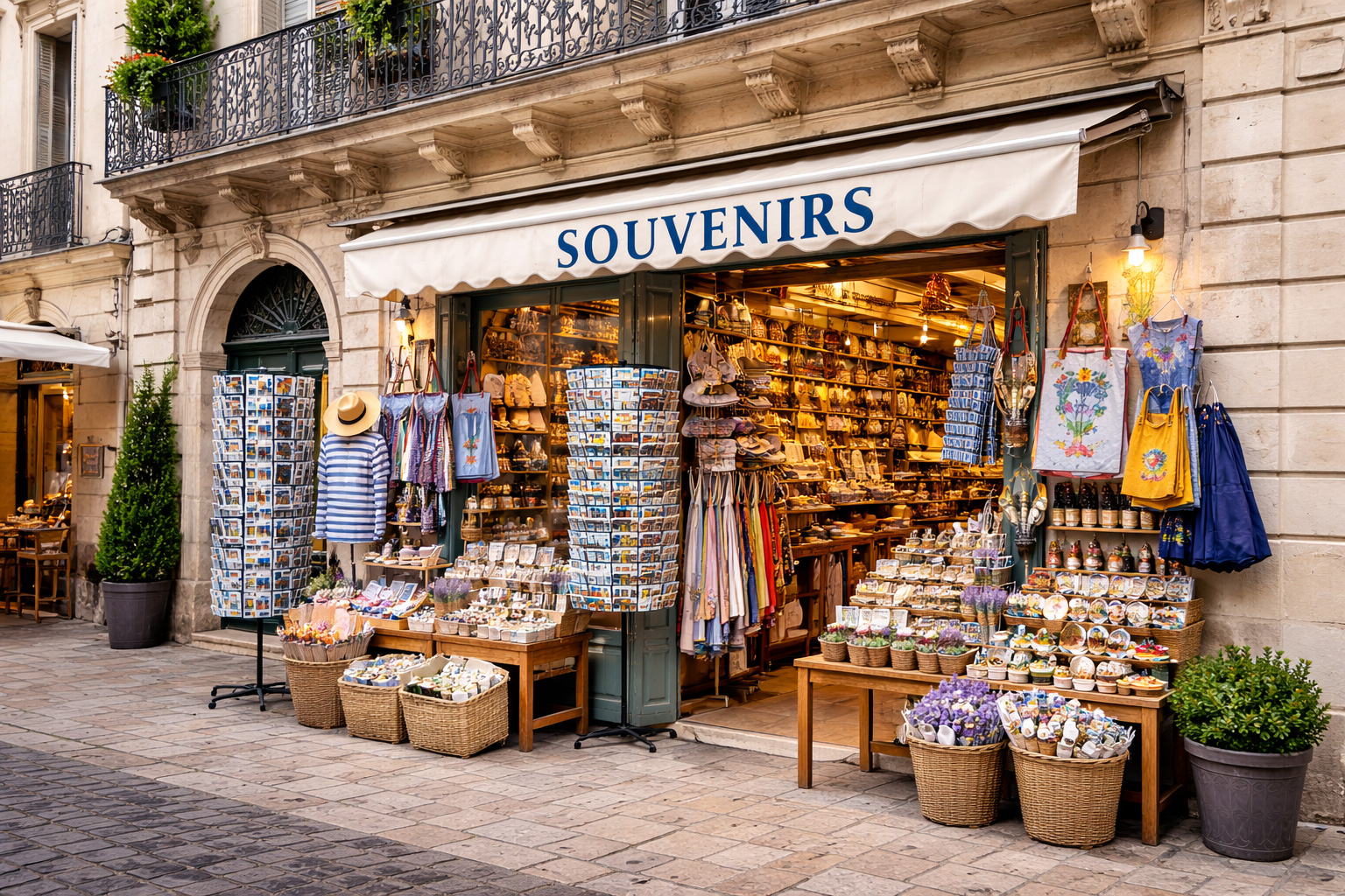 Außenansicht eines Souvenirgeschäfts in der Altstadt von Nîmes in einem französischen neoklassischen Steinbau mit hohen Fenstern und schmiedeeisernen Balkonen, darunter eine Markise und ein reich bestückter Eingang mit Postkartenständern, Lavendelprodukten, Seifen, Keramik und kleinen regionalen Andenken.