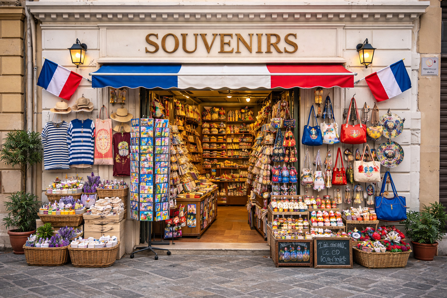 Souvenirgeschäft in der Altstadt von Nizza mit weißer modern-neoklassischer Fassade und typisch französischen Souvenirartikeln in der Auslage