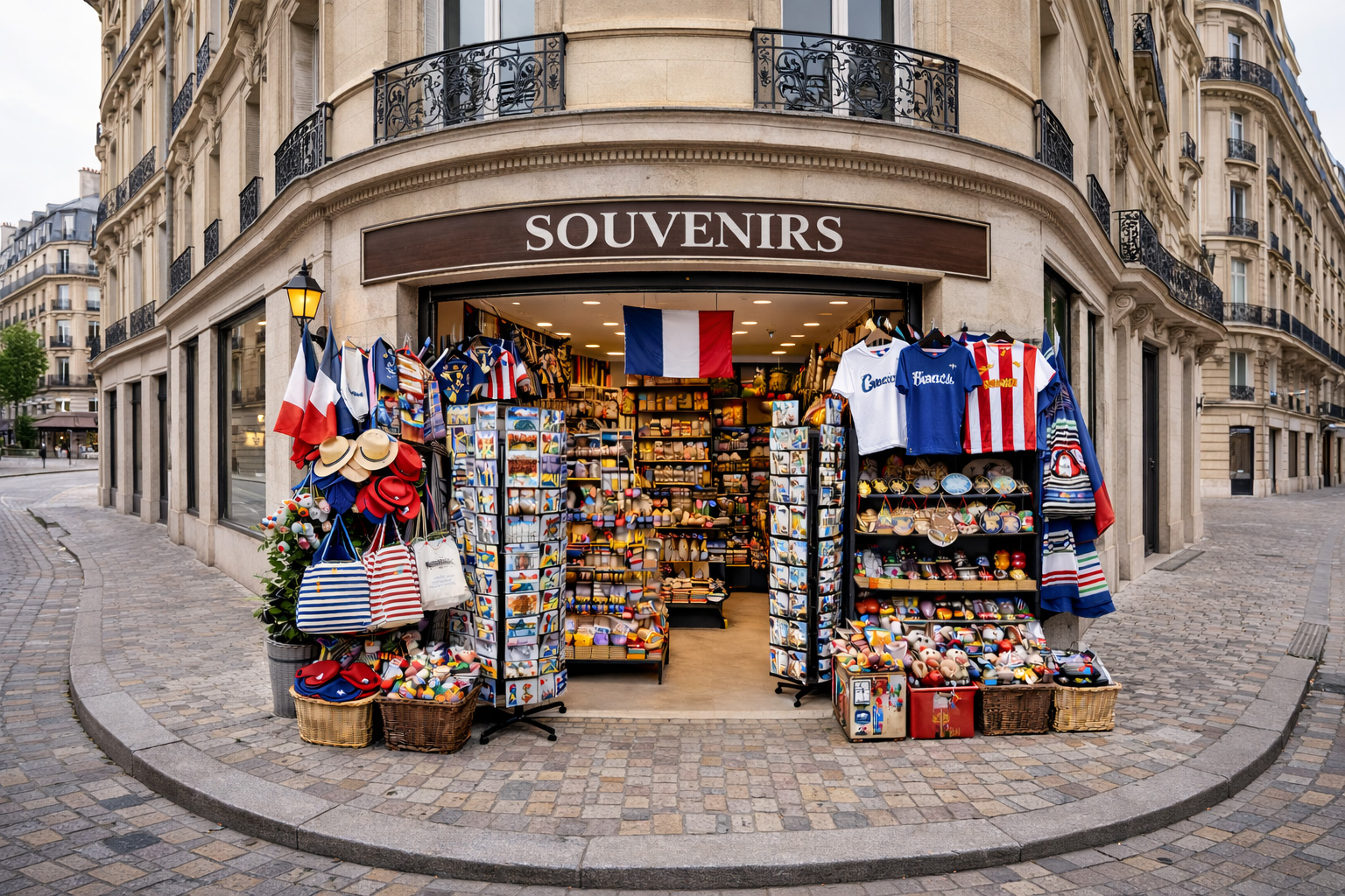 Außenansicht eines Souvenirgeschäfts in der Altstadt von Paris an einer runden Ecke eines haussmannschen Gebäudes mit neoklassischer Steinfassade, schmiedeeisernen Balkonen und großen Eckfenstern, breitem Eingang und Auslagen mit typischen Paris-Souvenirs wie Miniatur-Eiffeltürmen, Postkarten, Baskenmützen, Magneten, Keramik, Taschen und kleinen Flaggen