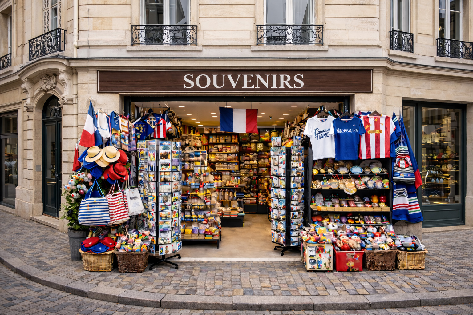 Außenansicht eines Souvenirgeschäfts in der Altstadt von Reims in neoklassischer französischer Architektur mit heller Natursteinfassade, dekorativen Gesimsen und schmiedeeisernen Balkonen, breitem offenen Eingang und Auslagen mit typischen Frankreich-Souvenirs wie Postkartenständern, Baskenmützen, gestreiften Taschen, Keramik, Magneten, Textilien und kleinen Flaggen