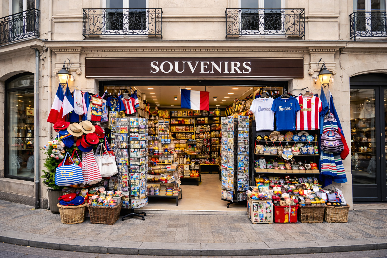 Außenansicht eines Souvenirgeschäfts in Rennes in neoklassischer französischer Architektur mit heller Natursteinfassade, Pilastern, profilierten Gesimsen und schmiedeeisernen Balkonen, breitem Eingang und Auslagen mit typischen Frankreich-Souvenirs wie Postkartenständern, Baskenmützen, gestreiften Taschen, Keramik, Magneten, Miniaturen und kleinen Flaggen