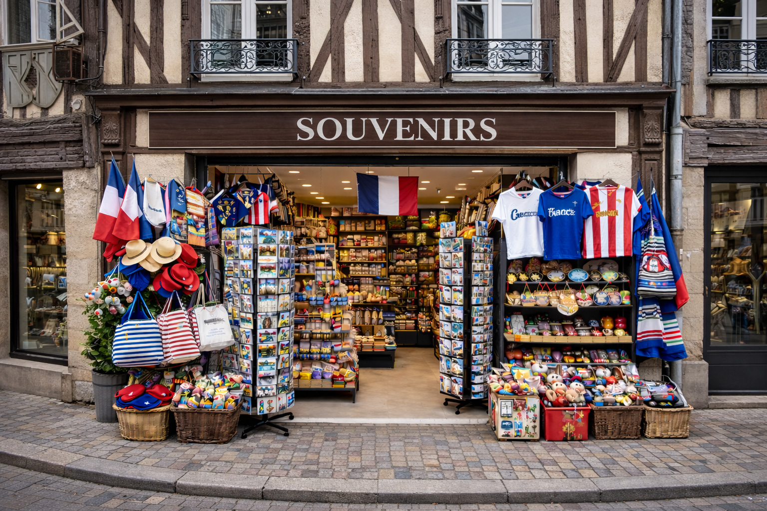 Außenansicht eines Souvenirgeschäfts in der Altstadt von Rouen in typischer Fachwerkarchitektur mit sichtbaren Holzbalken und hellem Putz, breitem offenen Eingang und dicht bestückten Auslagen mit typischen Frankreich-Souvenirs wie Postkartenständern, Baskenmützen, gestreiften Taschen, Keramik, Magneten, Textilien und kleinen Flaggen