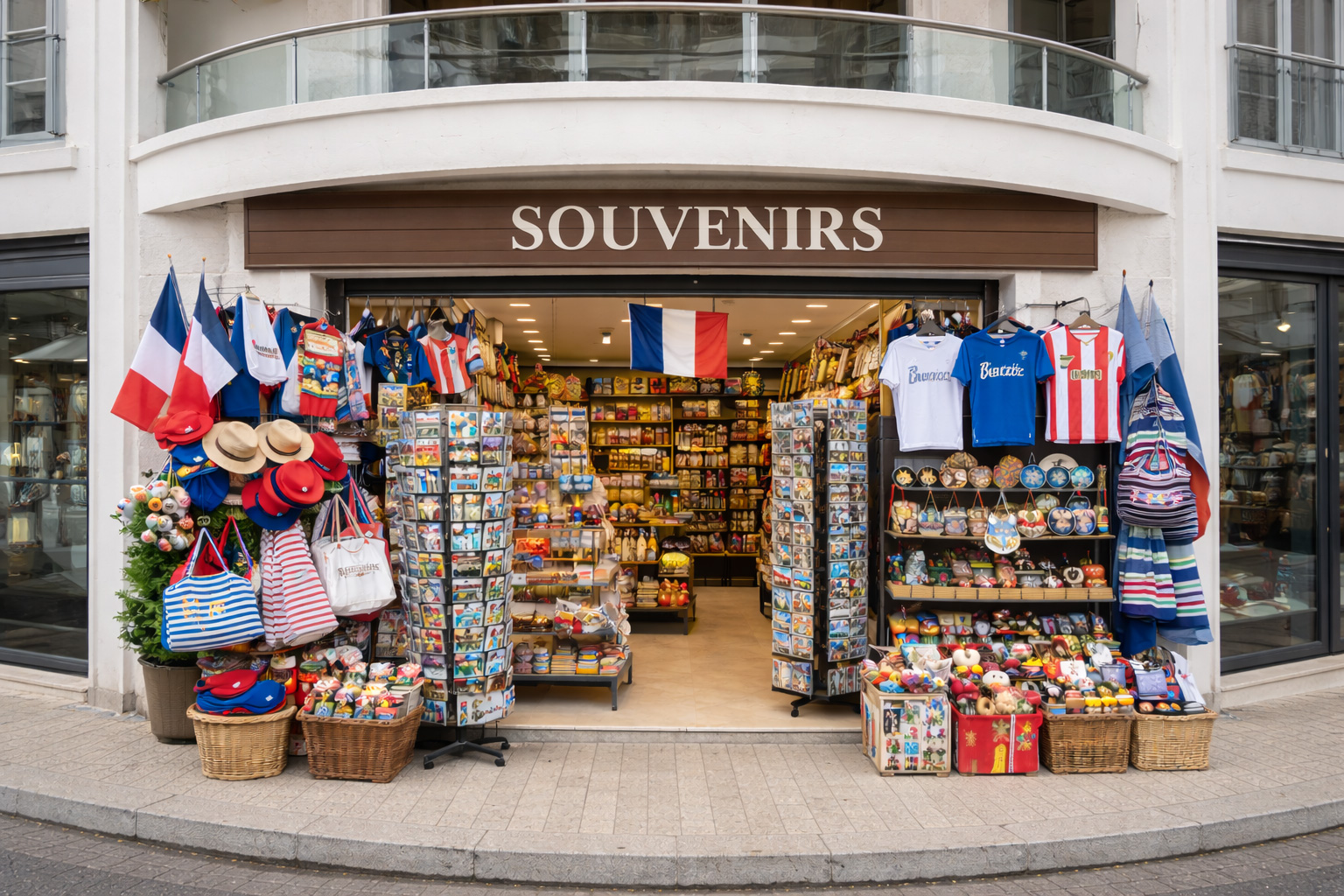Außenansicht eines modernen Souvenirgeschäfts in Royan mit heller, klarer Fassadengestaltung, großer Glasfront und geschwungenem Balkon, breitem Eingang und Auslagen mit typischen Frankreich-Souvenirs wie Postkartenständern, Strandtaschen, Baskenmützen, gestreiften Shirts, kleinen Flaggen, Keramik und Mitbringseln