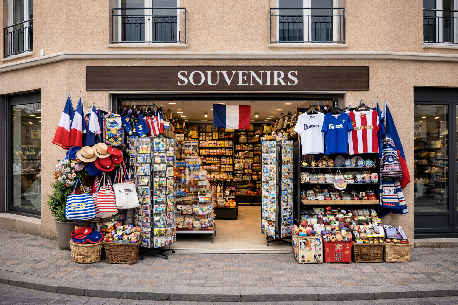 Außenansicht eines modernen Souvenirgeschäfts in Saint-Lô mit hellbrauner Putzfassade, klaren Linien und großen Schaufenstern, breitem Eingang und Auslagen mit typischen Frankreich-Souvenirs wie Postkartenständern, Strandtaschen, Baskenmützen, Keramik, Magneten, Textilien und kleinen Flaggen