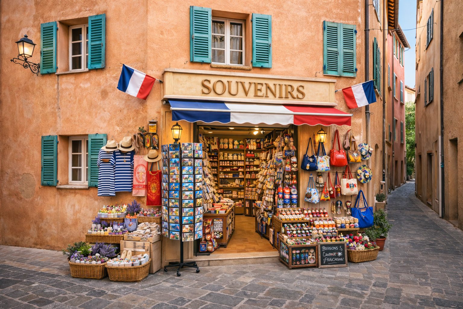 Souvenirgeschäft in der Altstadt von Saint-Tropez mit mediterraner apricotfarbener Fassade, türkisen Fensterläden und typisch französischen Souvenirartikeln an einer schmalen Gasse