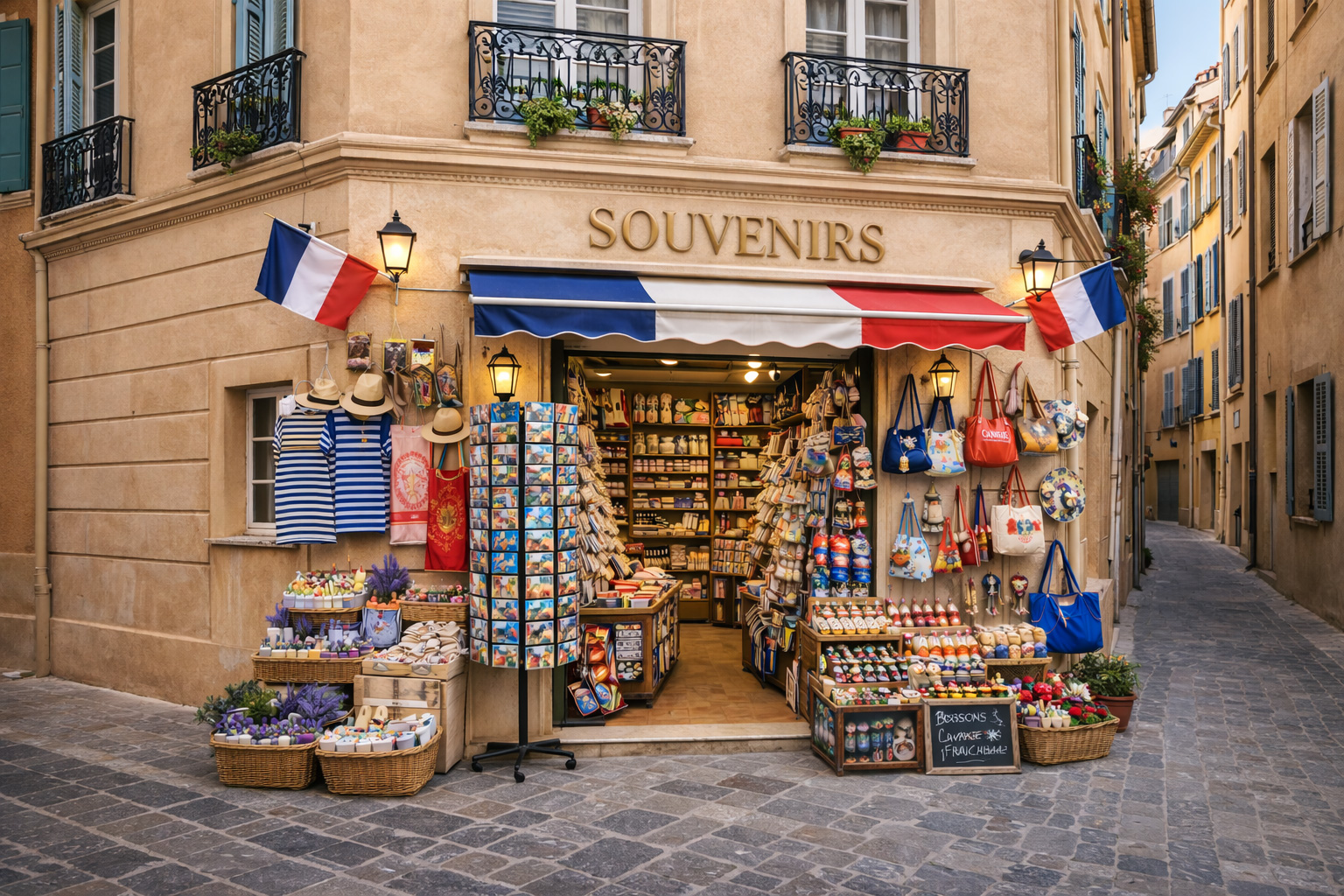 Souvenirgeschäft in der Altstadt von Toulon mit hellbrauner französisch-neoklassischer Fassade, schmiedeeisernen Balkonen und typisch französischen Souvenirartikeln an einer Straßenecke