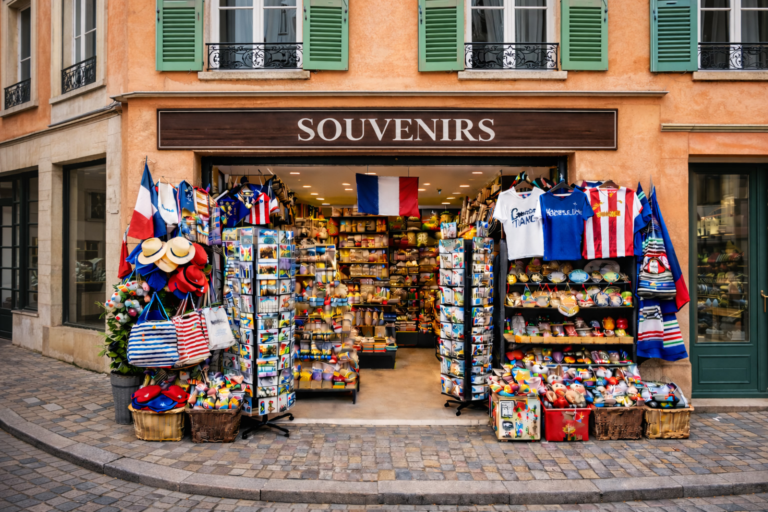 Außenansicht eines Souvenirgeschäfts in der Altstadt von Verdun mit aprikotfarbener Putzfassade und grünen Fensterläden im Obergeschoss, breitem offenen Eingang und Auslagen mit typischen Frankreich-Souvenirs wie Postkartenständern, Baskenmützen, gestreiften Taschen, Keramik, Magneten, Textilien und kleinen Flaggen