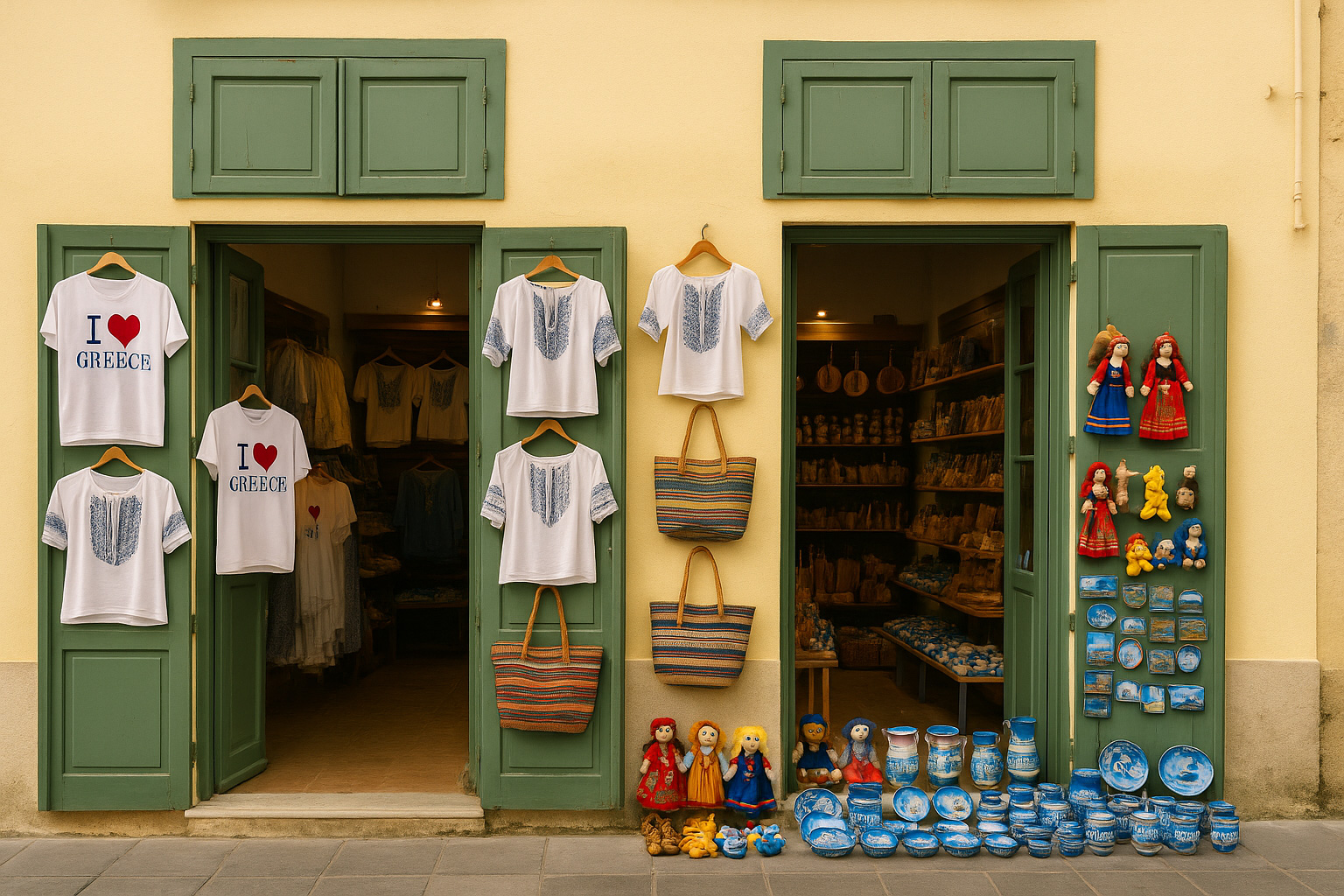 Souvenirgeschäft in Argos Orestiko mit gelber Fassade und grünen Fensterläden, T-Shirts 