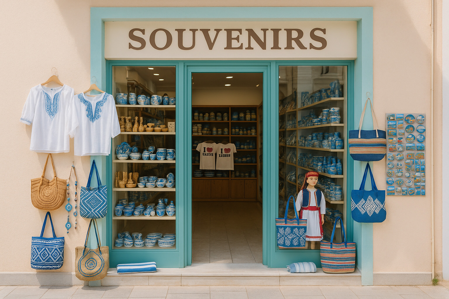 Souvenirgeschäft in Arta mit pastellfarbener Fassade, T-Shirts 