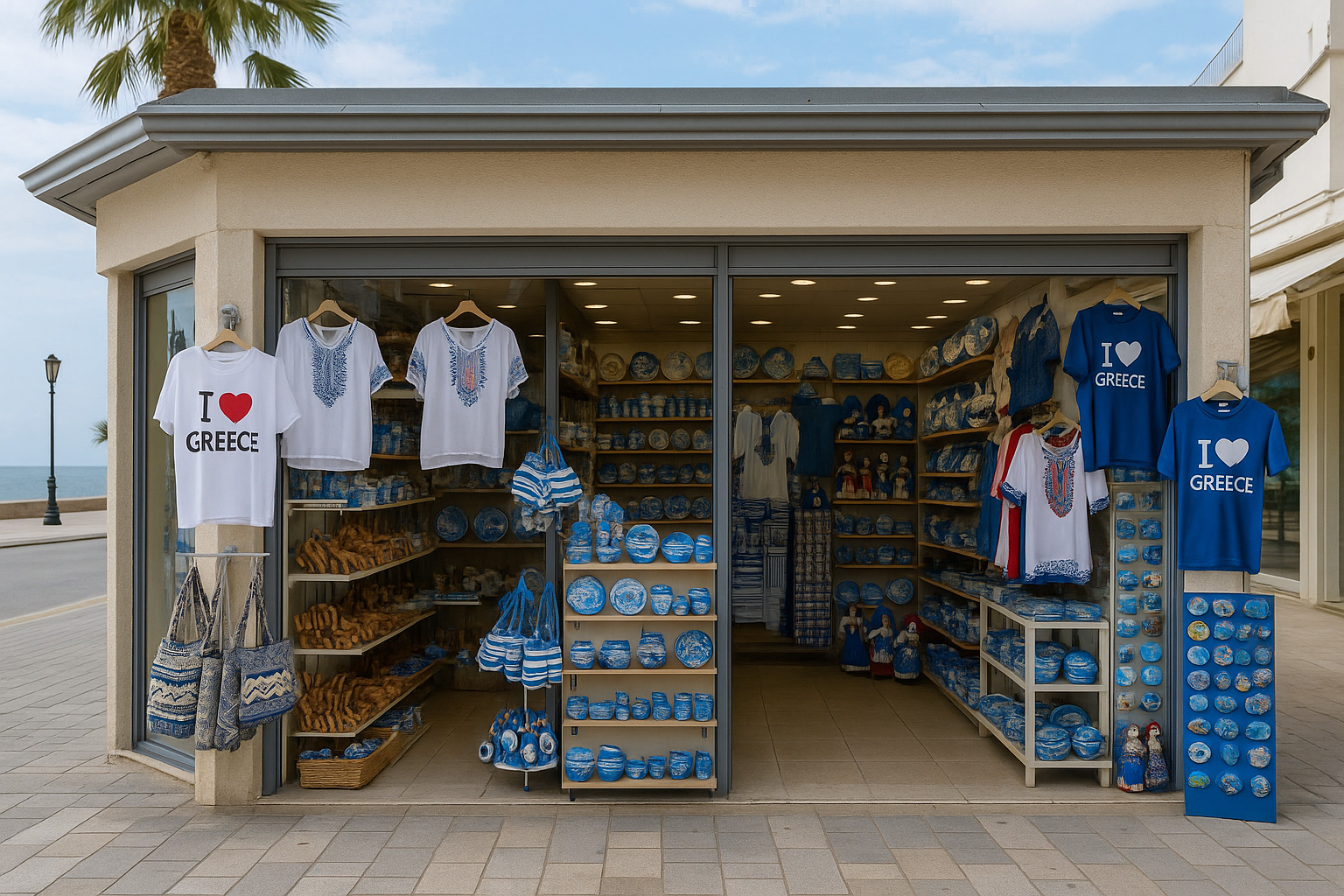Souvenirgeschäft an der Uferpromenade in Asprovalta mit T-Shirts 