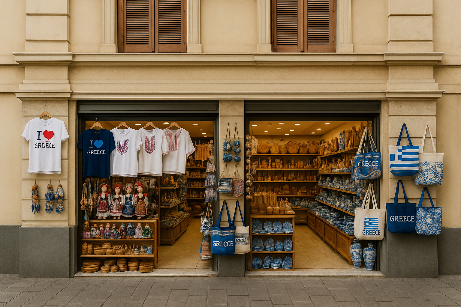 Souvenirgeschäft in der Altstadt von Athen mit T-Shirts 