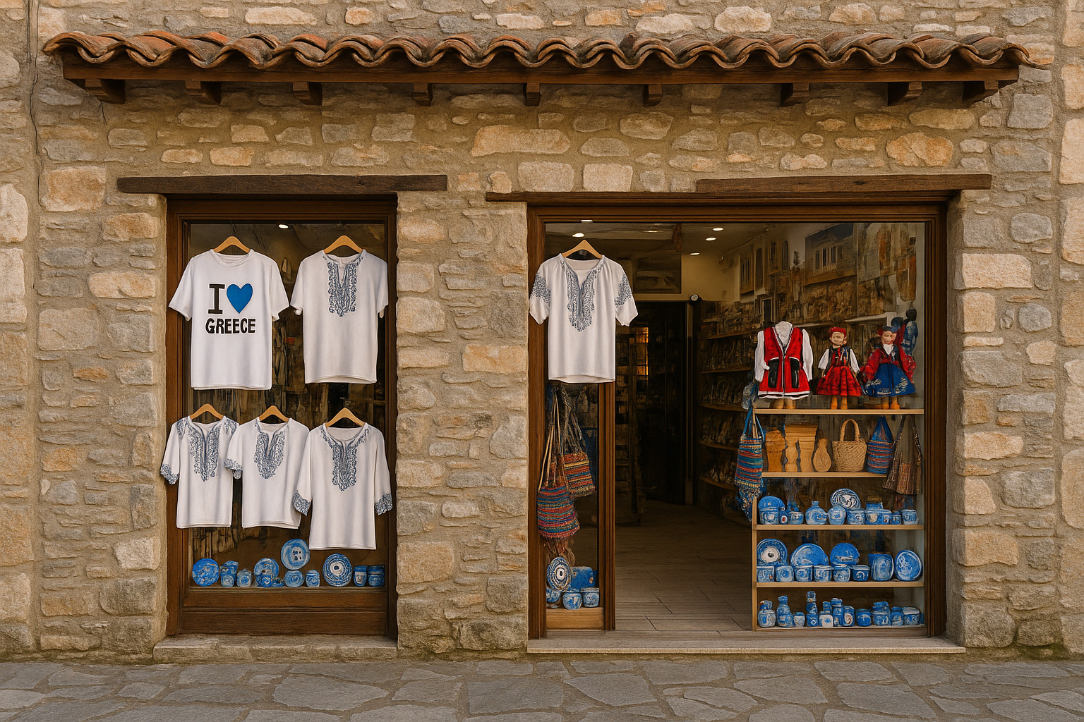 Souvenirgeschäft in der Altstadt von Edessa mit rustikaler Stein-Fassade, traditionellen Blusen, Puppen in Tracht, Olivenholzartikeln, Taschen und blau-weißer Keramik.