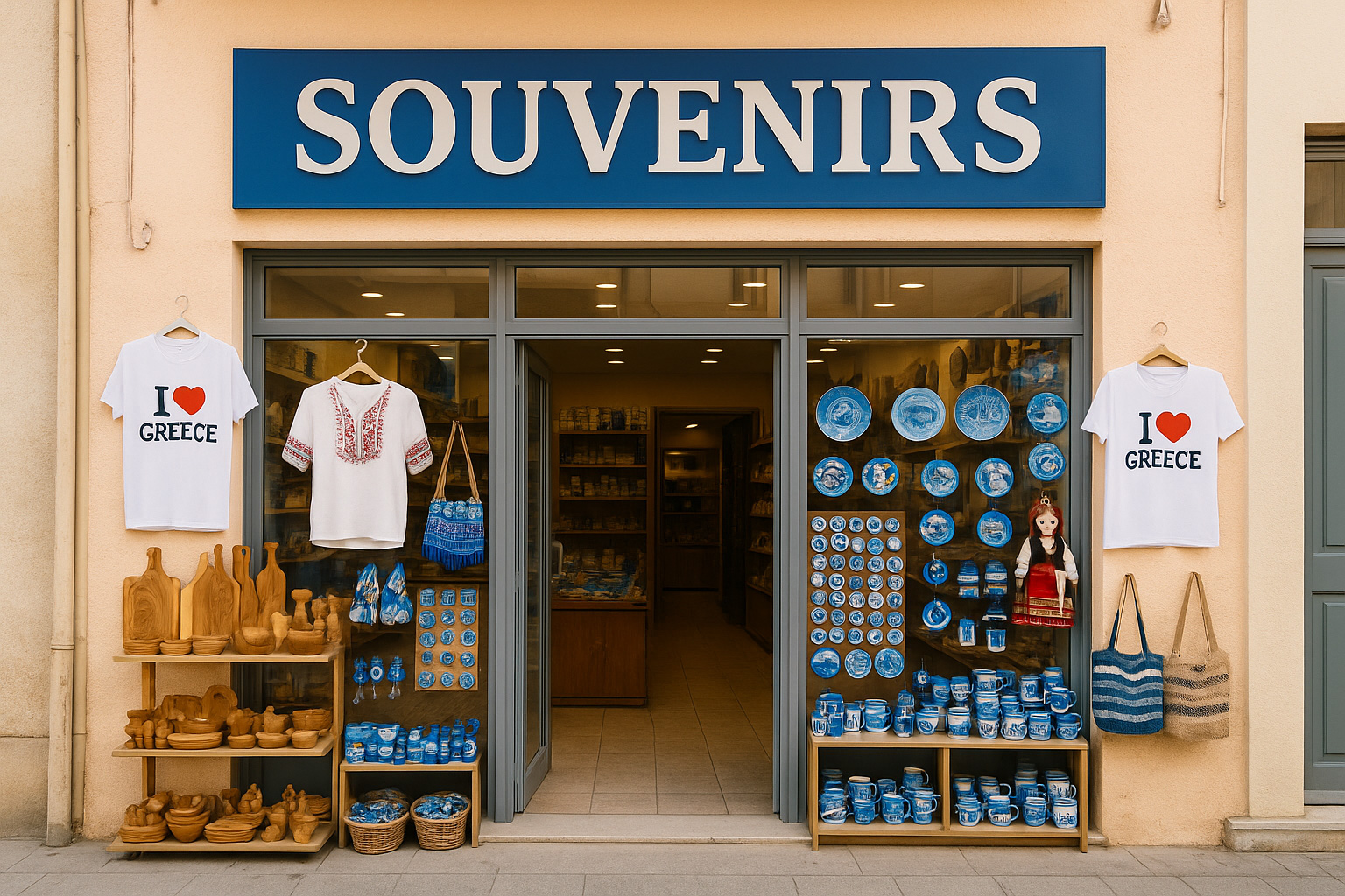 Souvenirgeschäft in Elassona mit pastellfarbener Fassade, T-Shirts 