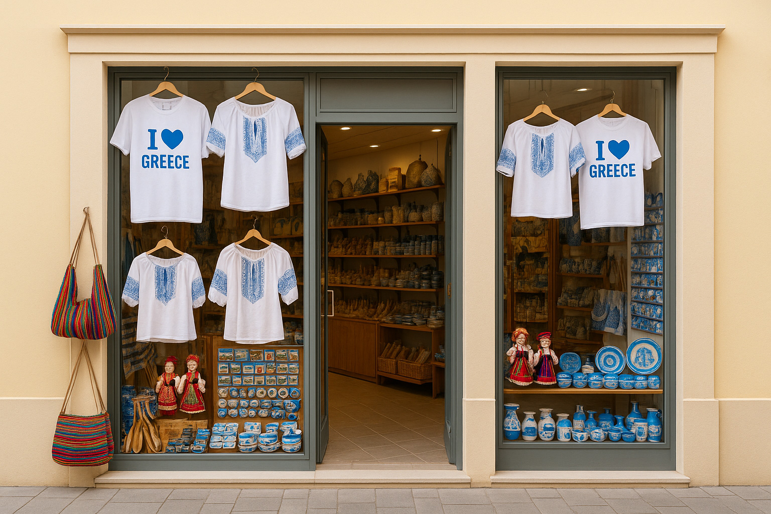 Souvenirgeschäft in Giannitsa mit gelber Fassade und Glasfront, T-Shirts 