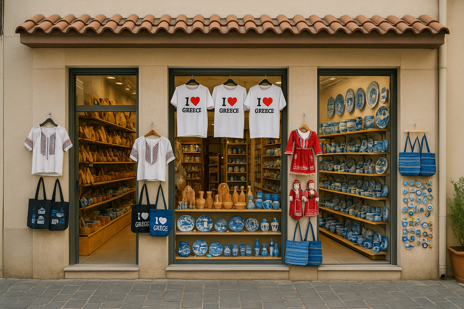 Souvenirgeschäft in Ioannina mit beiger Fassade und Terrakotta-Dach, T-Shirts 