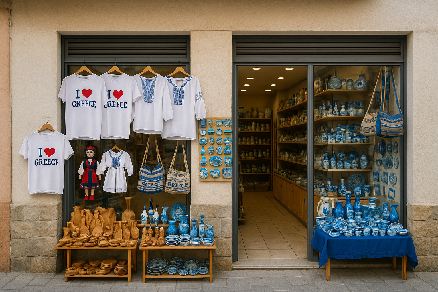 Souvenirgeschäft in Kalambaka mit beiger Fassade, T-Shirts 