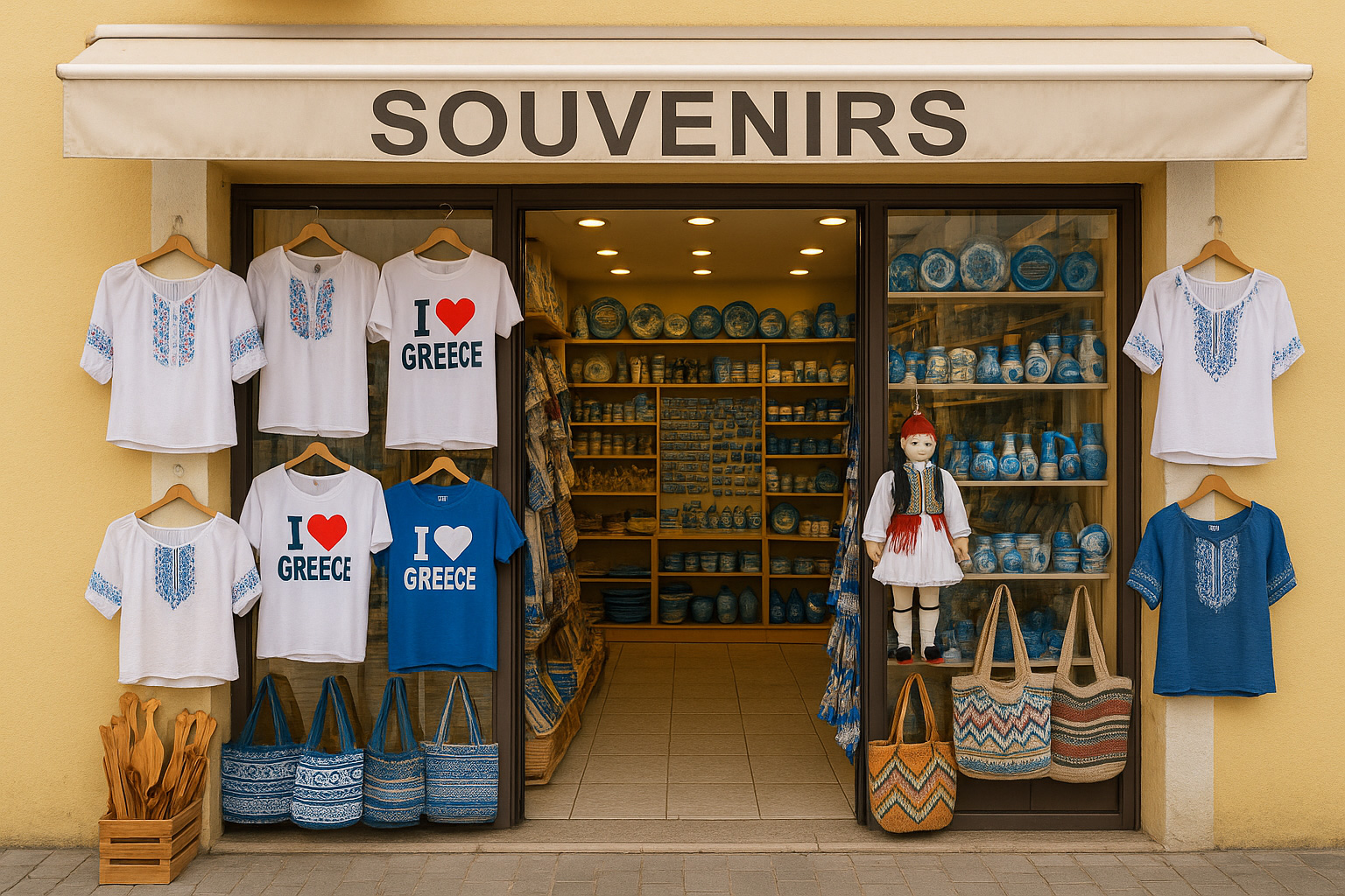 Souvenirgeschäft in Karditsa mit gelber Fassade, T-Shirts 