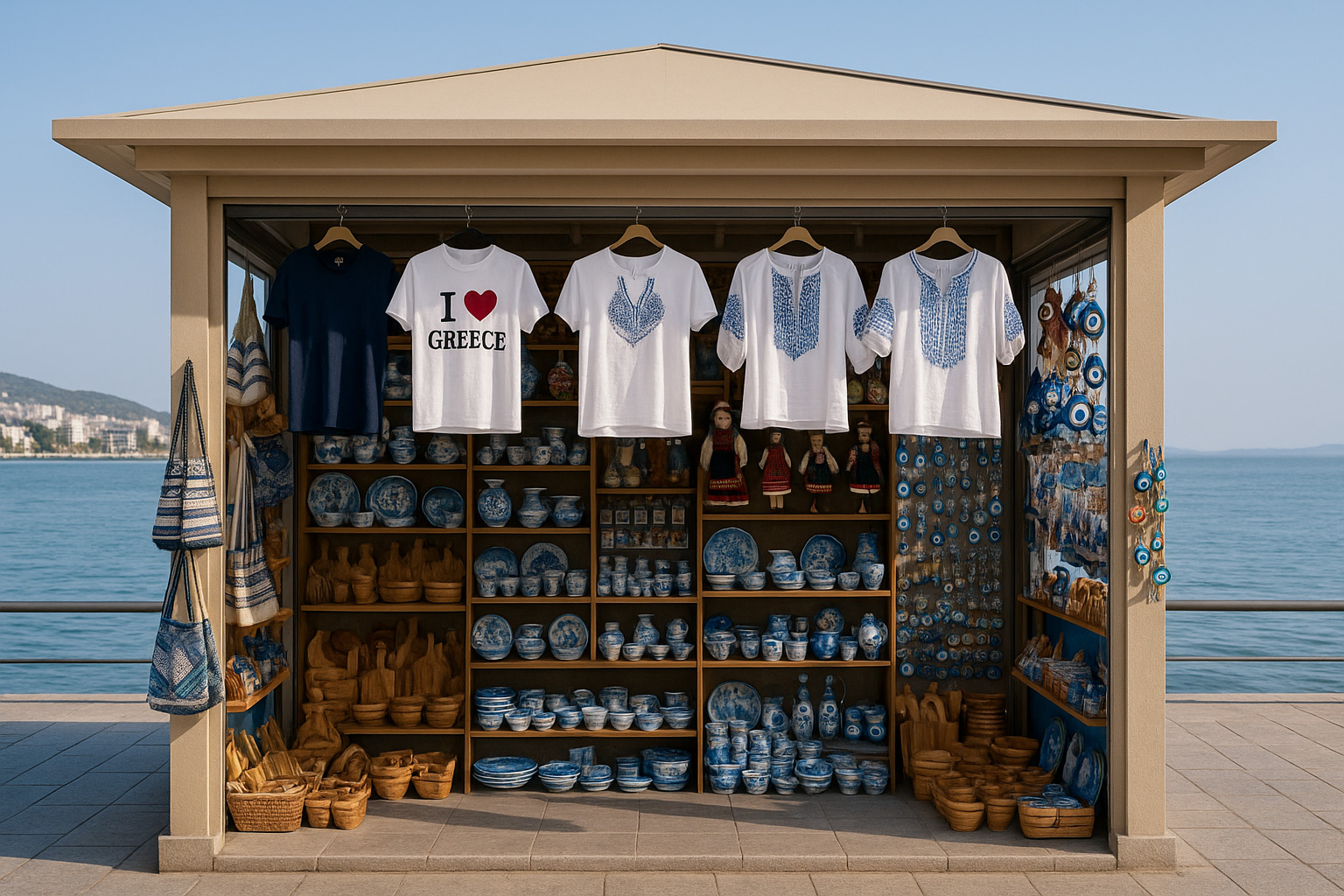 Souvenirpavillon an der Uferpromenade in Kavala mit T-Shirts 