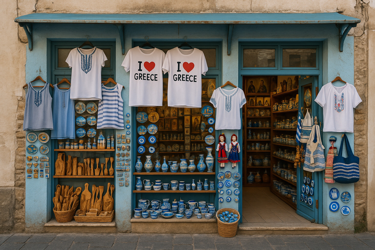 Souvenirgeschäft in der Altstadt von Komotini mit T-Shirts 