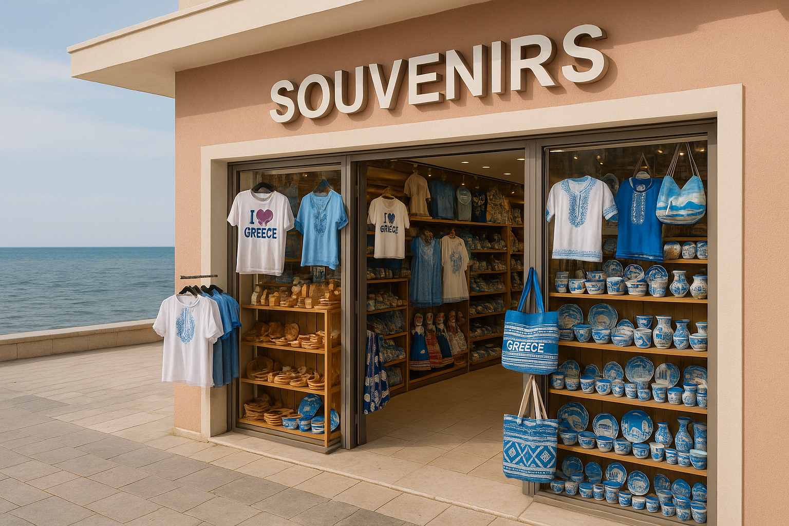 Souvenirgeschäft an der Uferpromenade von Korinth mit T-Shirts 