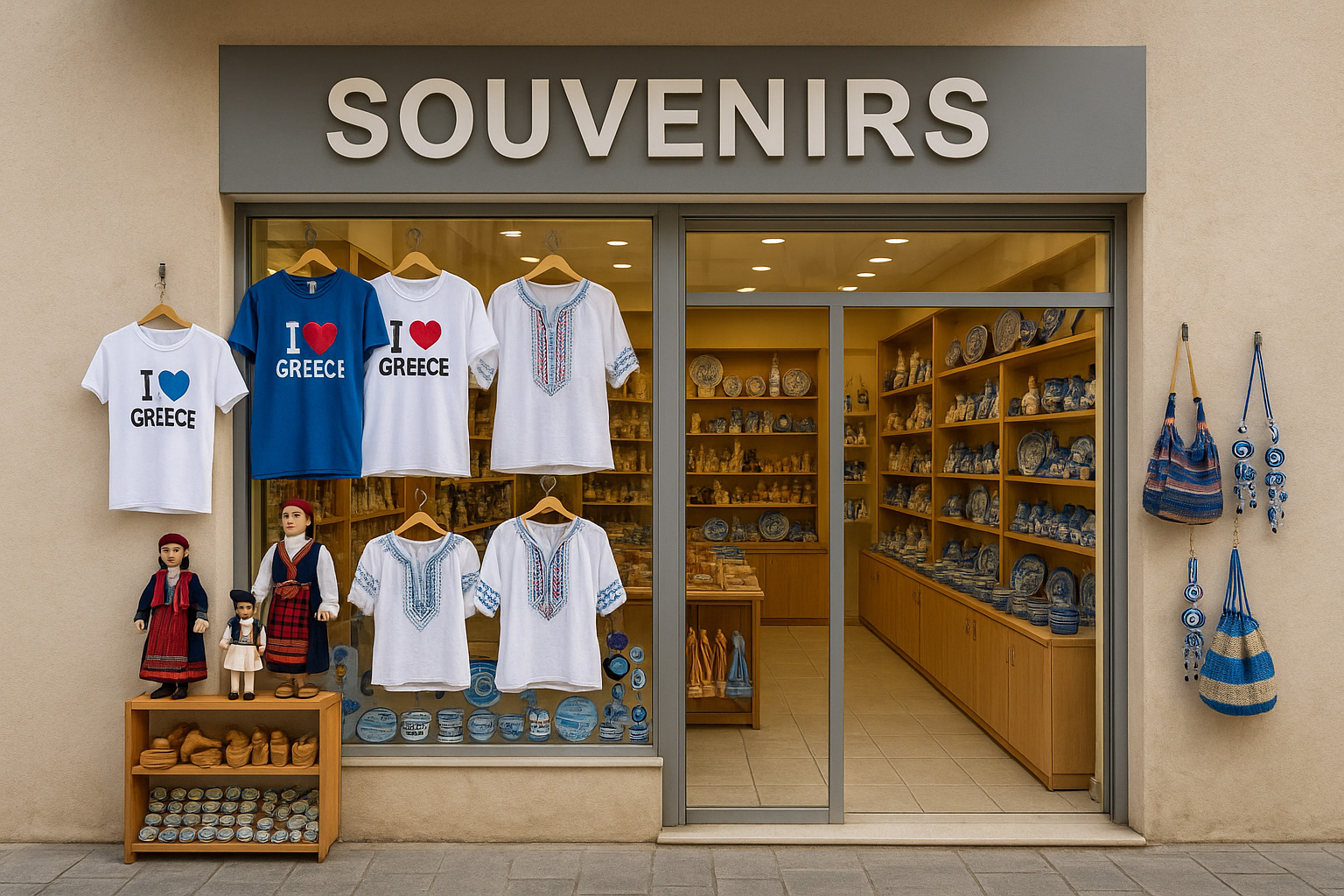 Souvenirgeschäft in Lamia mit beiger Fassade, T-Shirts 