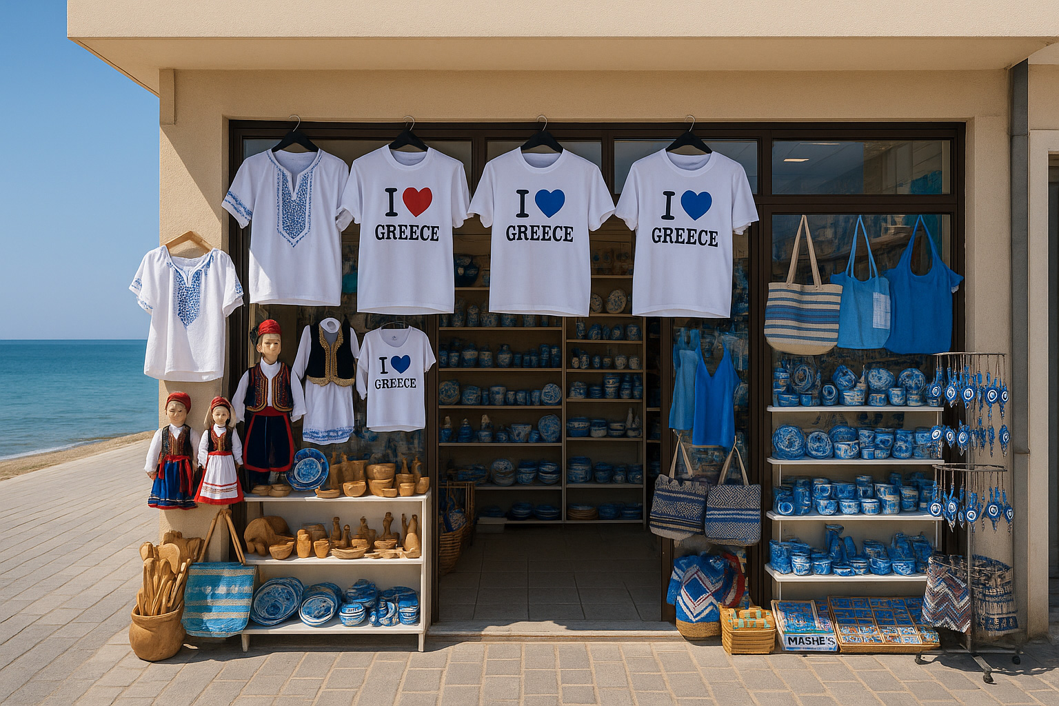 Souvenirgeschäft an der Uferpromenade von Livanates mit T-Shirts 