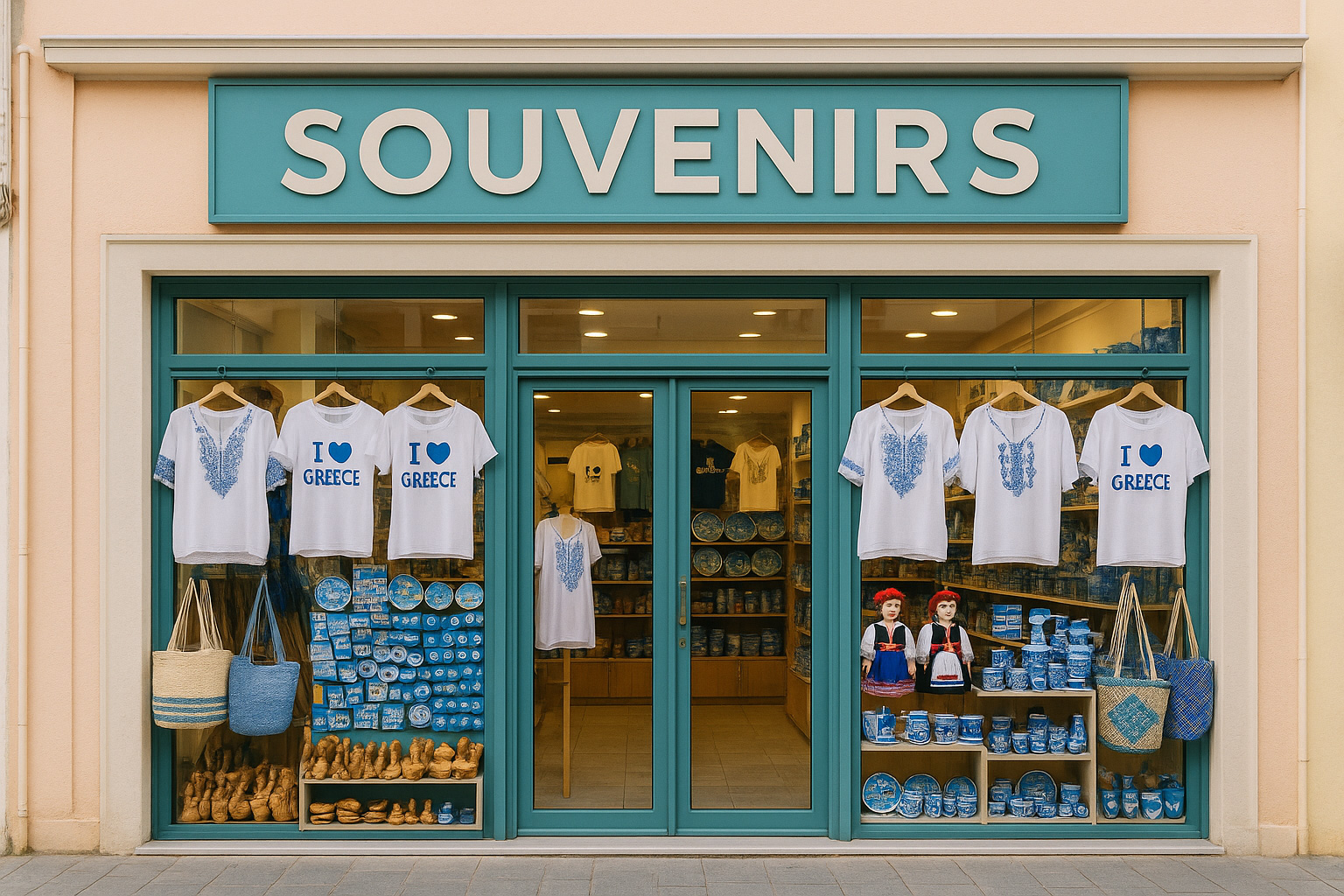 Souvenirgeschäft in Mesolongi mit pastellfarbener Fassade und türkisfarbenen Akzenten, T-Shirts 
