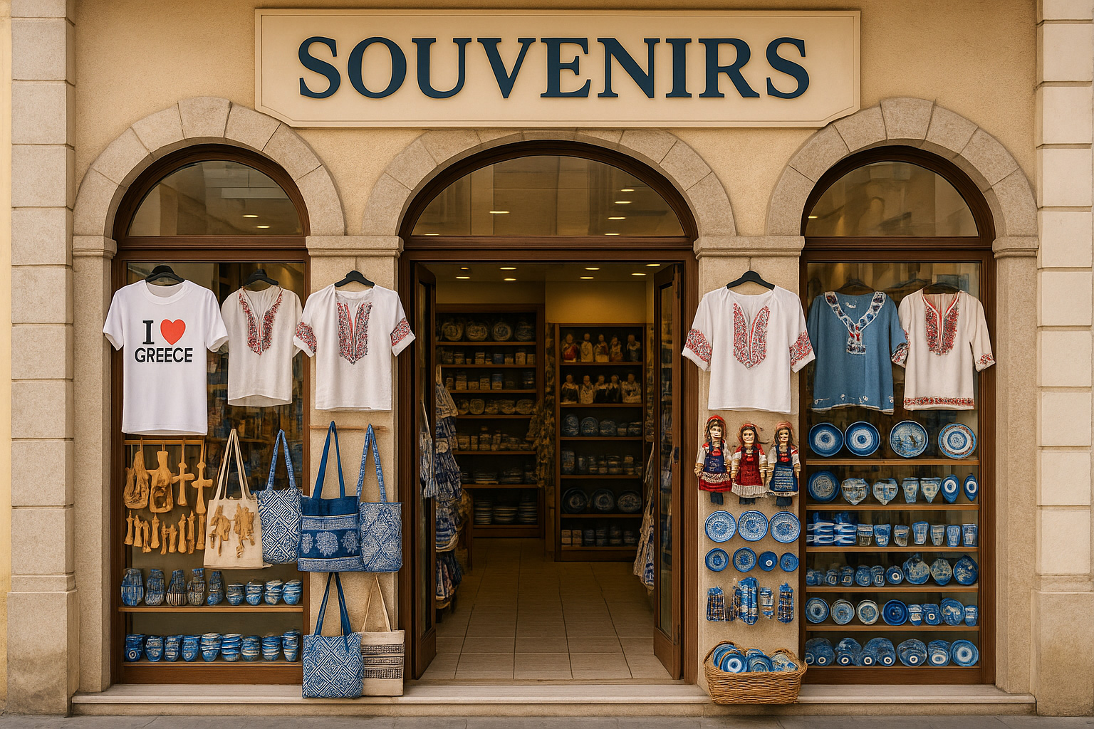 Souvenirgeschäft in der Altstadt von Patras mit Steinbögen, T-Shirts 