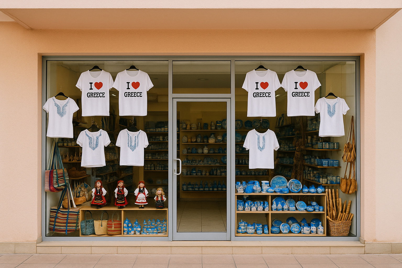 Souvenirgeschäft in Polykastro mit pastellfarbener Fassade und Glasfront, T-Shirts 