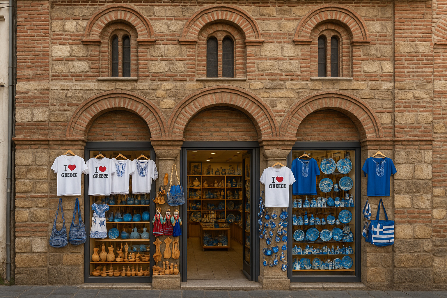 Souvenirgeschäft in der Altstadt von Thessaloniki mit byzantinischer Ziegelfassade und Rundbögen, T-Shirts 