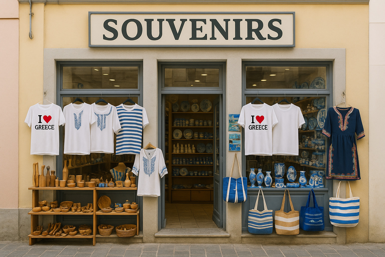 Souvenirgeschäft in der Altstadt von Xanthi mit T-Shirts 