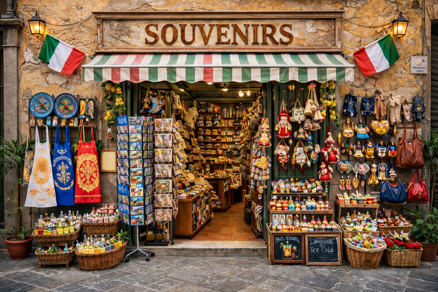 Souvenirgeschäft in der Altstadt von Albenga mit abgeblätterter und rissiger gelb-brauner Putzfassade sowie typisch italienischen Souvenirartikeln in der Auslage