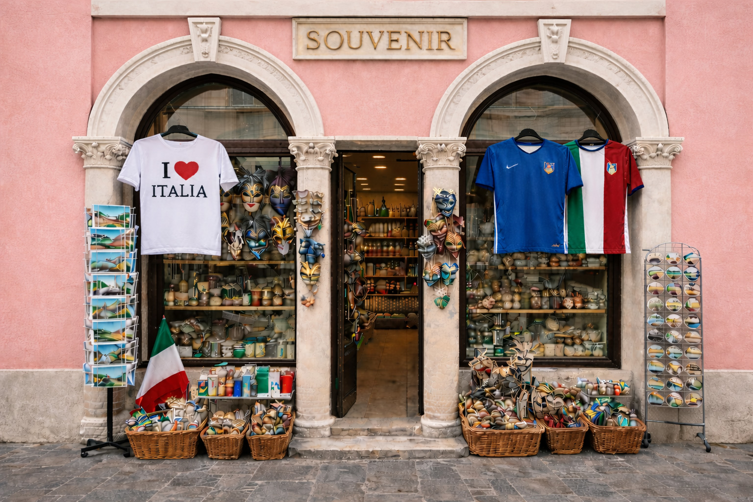 Außenansicht eines Souvenirgeschäfts in der Altstadt von Ancona mit rosa Putzfassade, weißen Fensterrahmen, neoklassizistischen Rundbögen, „I ♥ Italia“-T-Shirts, italienischen Fußballtrikots und klassischen italienischen Souvenirartikeln.