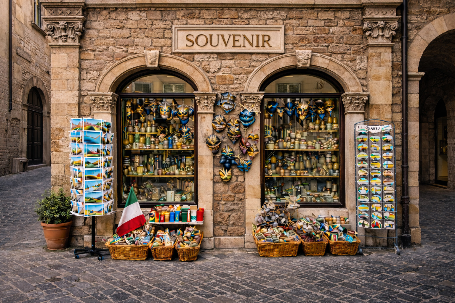 Außenansicht eines Souvenirgeschäfts in der Altstadt von Arezzo mit Renaissance-Fassade aus grobem braunem Mauerwerk, Rundbögen, Steinverzierungen, Postkartenständern und klassischen italienischen Souvenirartikeln.