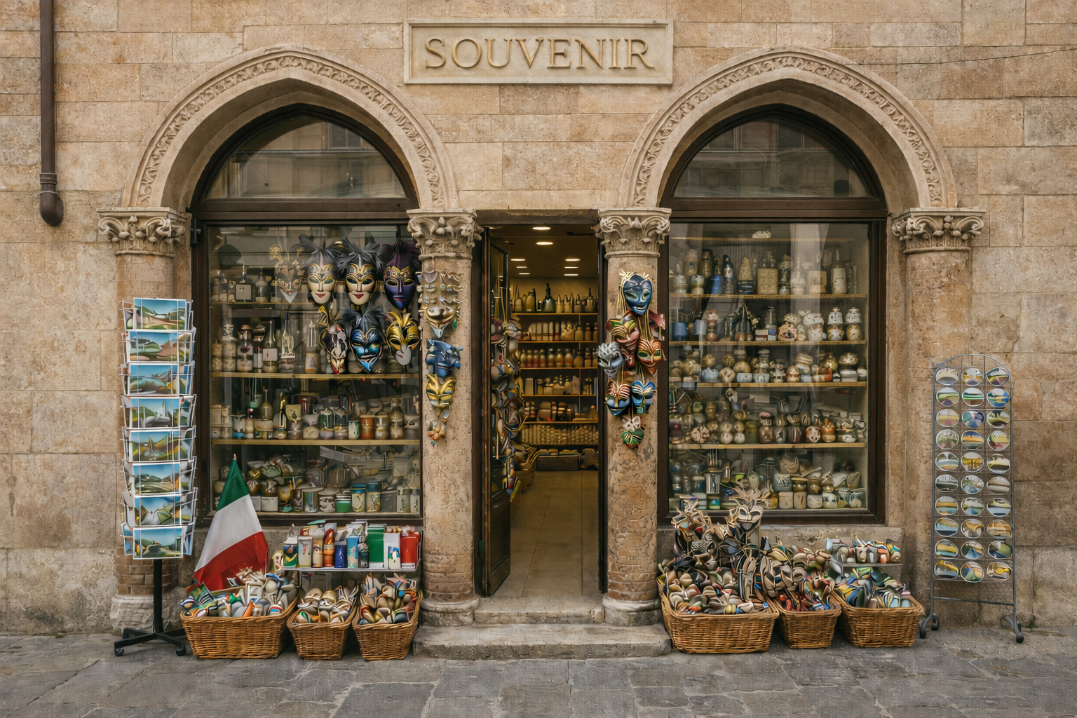Außenansicht eines Souvenirgeschäfts in der Altstadt von Bologna mit Renaissance-Fassade, Rundbögen, venezianischen Masken, Keramikartikeln, Postkarten und klassischen italienischen Souvenirs.
