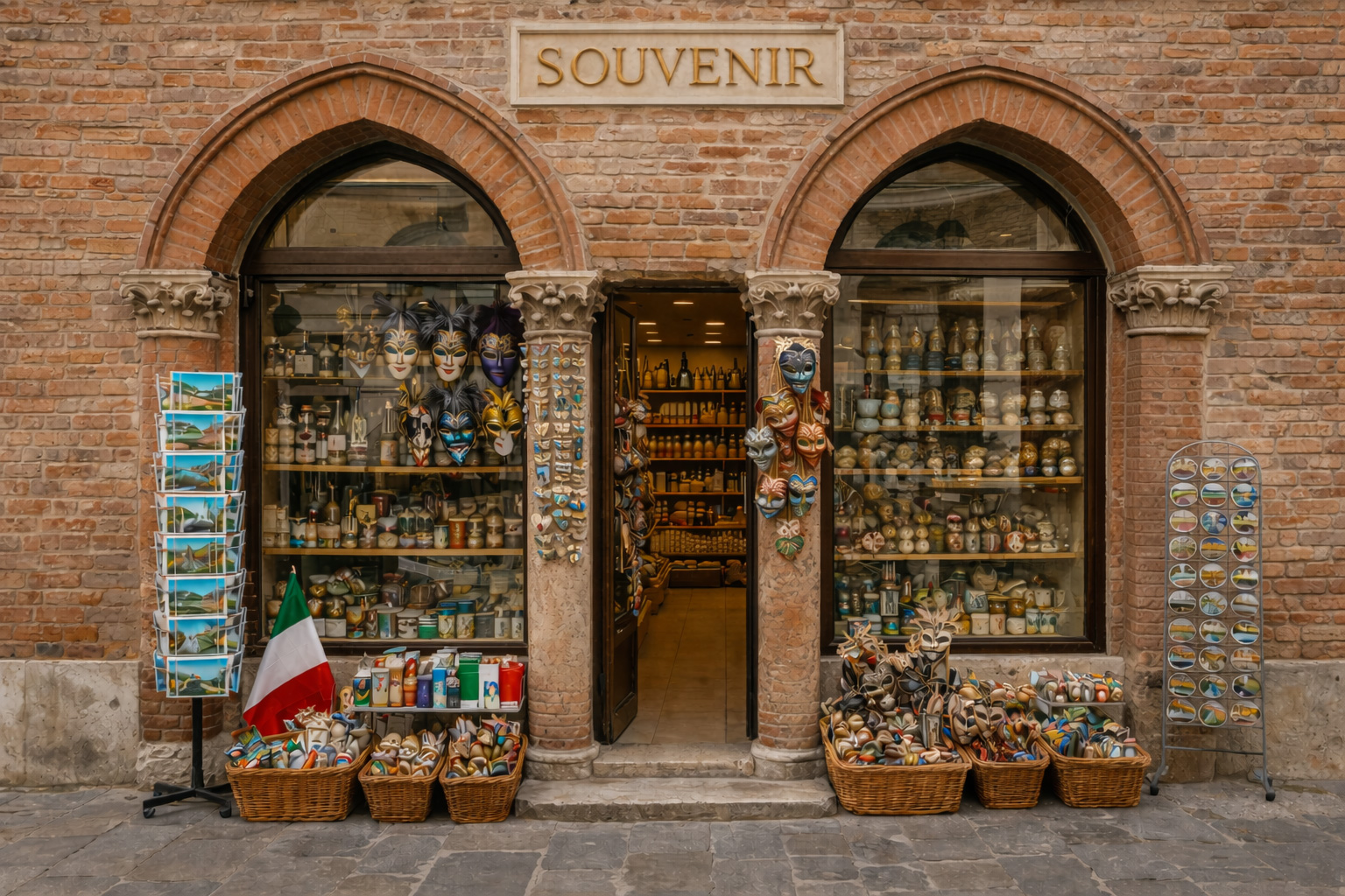 Außenansicht eines Souvenirgeschäfts in der Altstadt von Ferrara mit Renaissance-Fassade aus Ziegelsteinen, Rundbögen, venezianischen Masken, Postkarten, Keramikartikeln und klassischen italienischen Souvenirs.