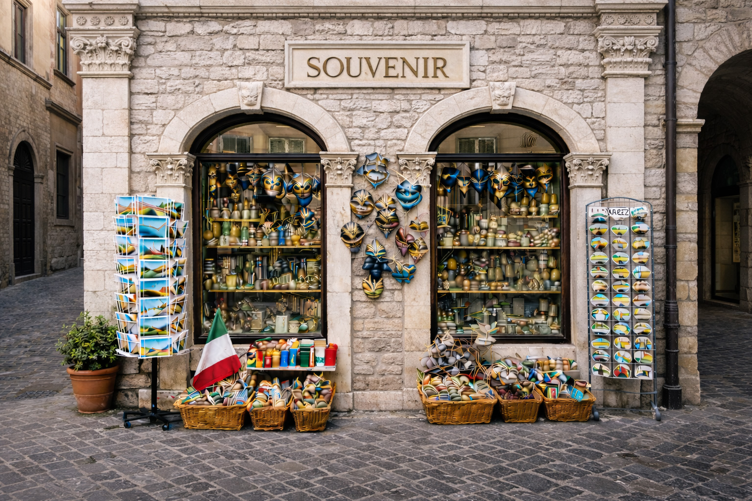 Piazza della Signoria in Florenz bei Sonnenuntergang mit belebtem Straßencafé rechts und Spaziergängern auf dem Platz