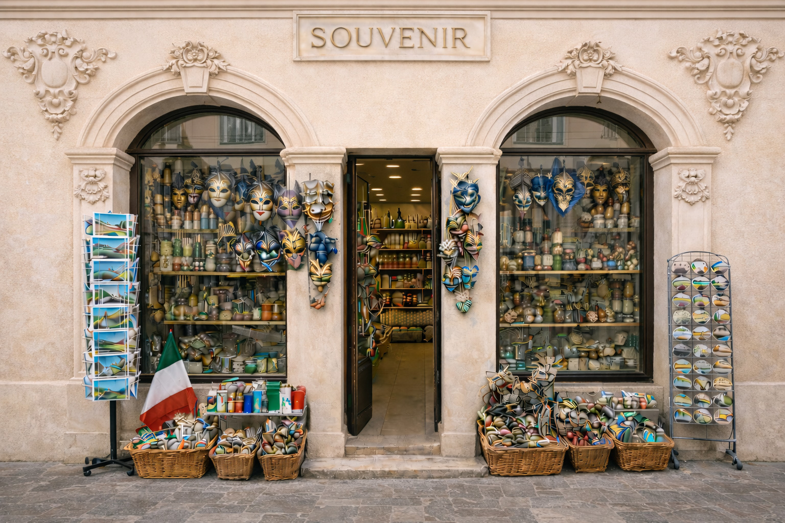 Außenansicht eines Souvenirgeschäfts in der Altstadt von Foggia mit heller barocker Fassade, reich verzierten Stuckelementen, Rundbögen, venezianischen Masken, Keramikartikeln, Postkarten und klassischen italienischen Souvenirs.