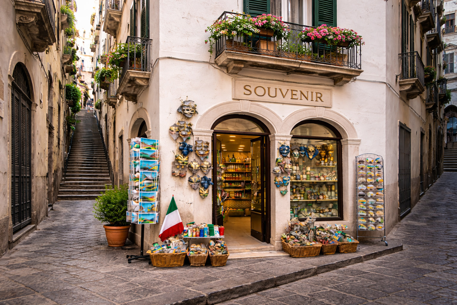 Außenansicht eines Souvenirgeschäfts in der Altstadt von Gaeta in einem weißen Eckhaus an einer engen Gasse, mit links bergauf führender Straße, Balkonen mit Blumen, Rundbögen und klassischen italienischen Souvenirartikeln.